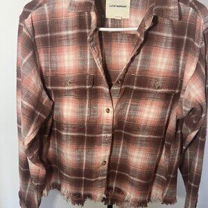 Lucky Brand Cropped Plaid Flannel Shacket Brown Peach Raw Hem Fringe Size S
